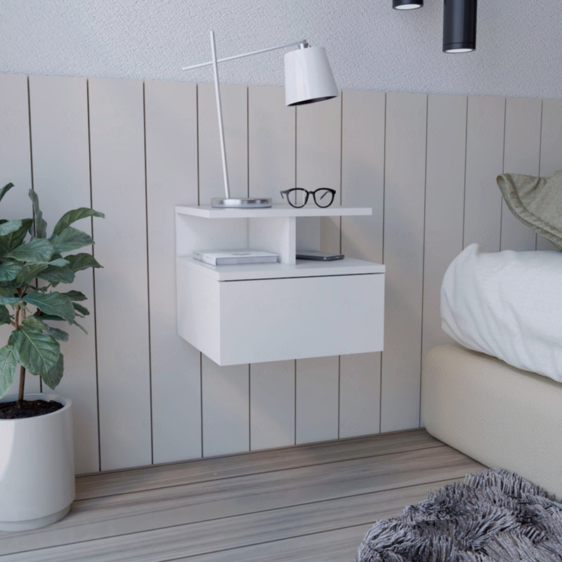 Table de chevet flottante, table de bout, tiroir de table d'appoint, tablettes ouvertes en blanc, Blanc