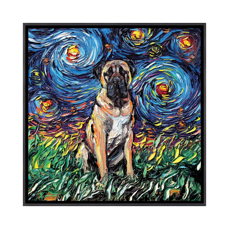 « Fawn Mastiff Night » par aja Trèves, reproduction d’art, H 37 po x l 37 po x P 1,5 po, Toile avec cadre noir patiné
