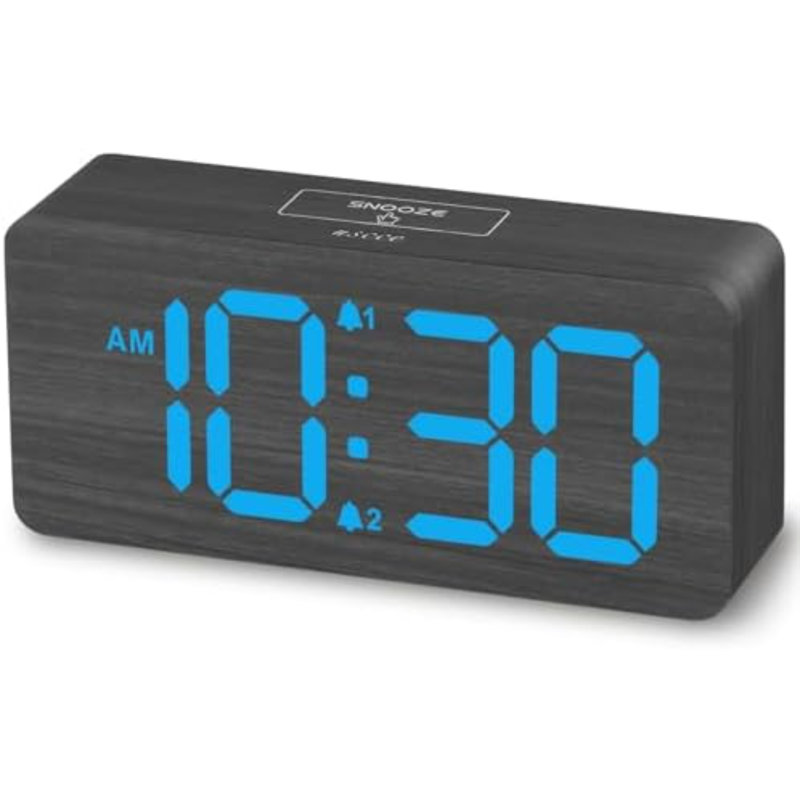 Réveils numériques en bois pour chambre à coucher avec affichage à intensité variable de 0 à 100%, Grey/Blue