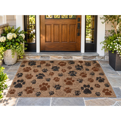 5' x 7' Outdoor Area Rug Paw Print Brown Black Heavyweight Waterproof PVC Coil Loop Carpet, Patio Rug Quick Dry Mat for Large Doormat Porch Deck Balcony Entryway RV Camping