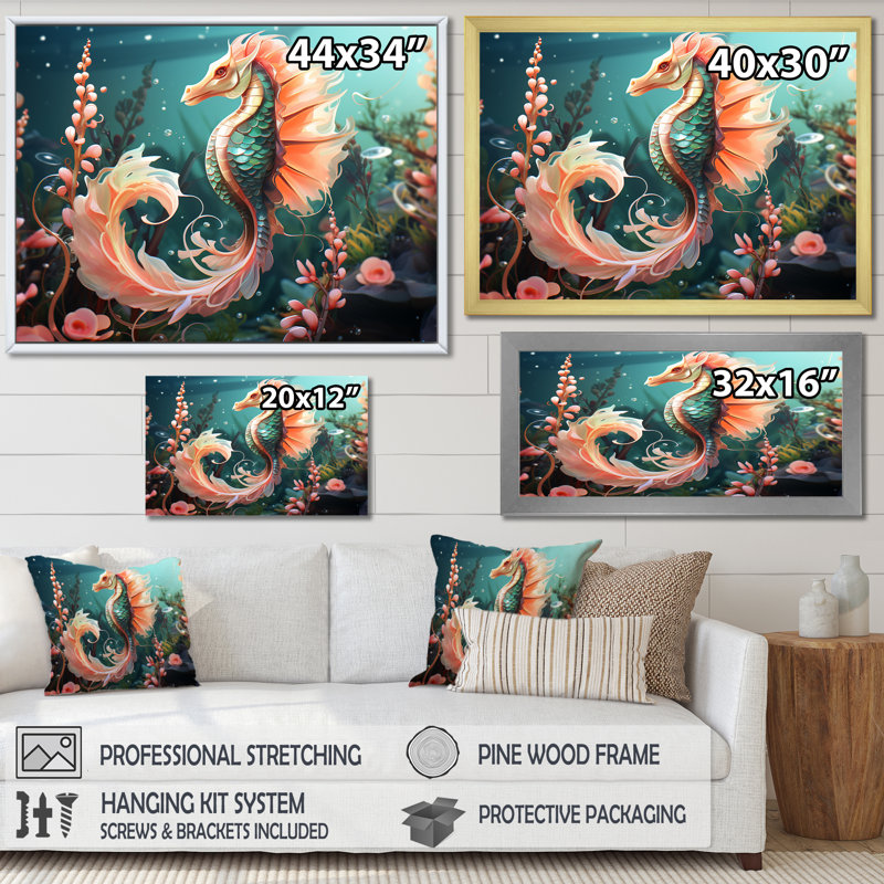 Rose, corail et hippocampe, Cadre doré à coins fermés, H 24 po x l 32 po x P 1 po