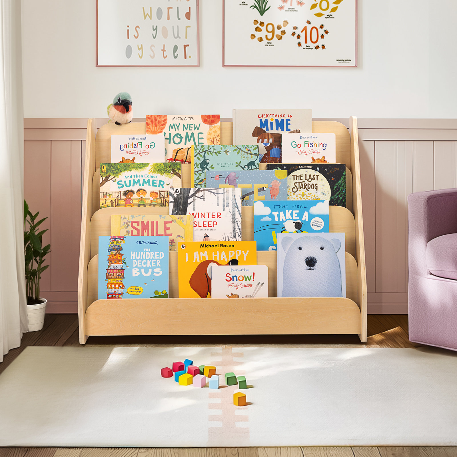 Wood Kids Bookshelf, 4-tier Front Facing Book Display Shelf