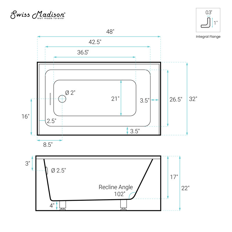 Voltaire 48 X 32 Skirted Right Drain Soaking Alcove Bathtub In Glossy White With Integrated Overflow, Drain Included
