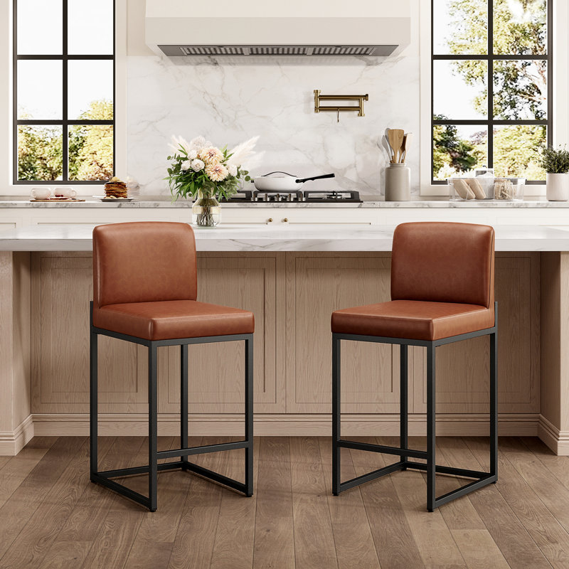 24" Modern Upholstered Kitchen Counter Stool with Black Metal Sled Base & Brown Faux Leather (Set of 2), 2, Black, Brown