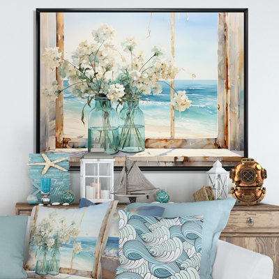 «Blue Window Beachfront View Blooms I» - art mural fenêtres côtières