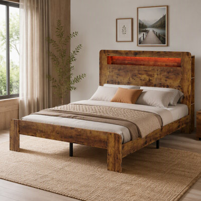Bed Frame King Size, Wood Platform Bed Frame with Storage LED Light Headboard and 2 USB , Noise Free,No Box Spring Needed and Easy Assembly Tool,Large Under Bed Storage