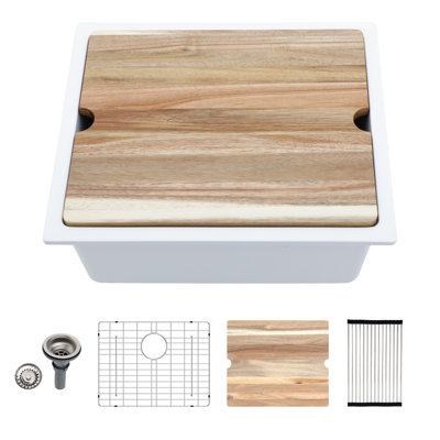 Évier de cuisine encastré en composite à quartz à cuve simple 21 po x l 18 po avec grille d'évier