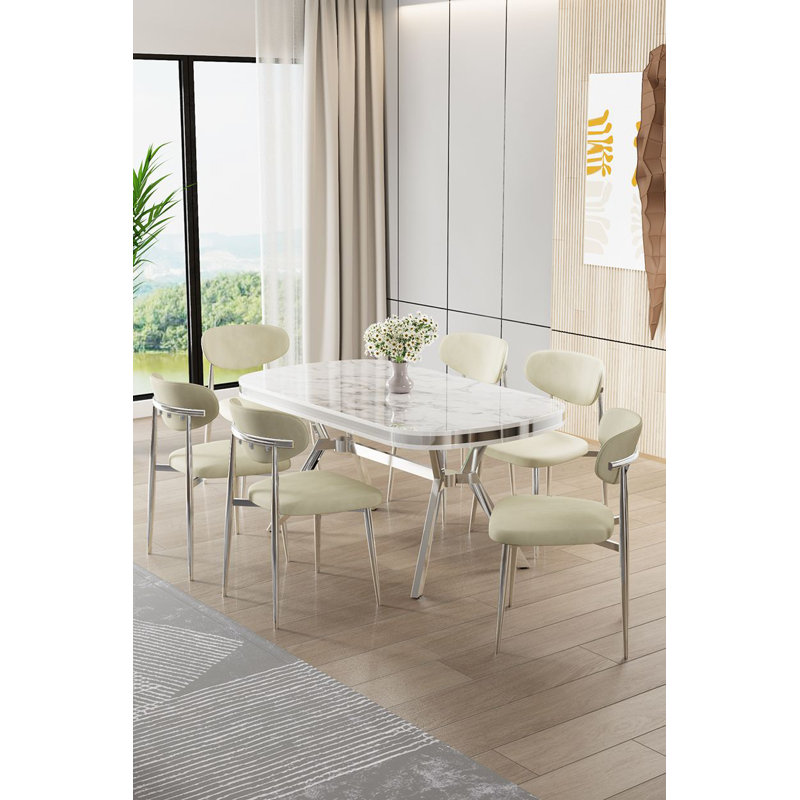 Ensemble de table et chaises de salle à manger (7 pièces), Crème, 7 pièces : table, 6 chaises, Marbre blanc / Chrome