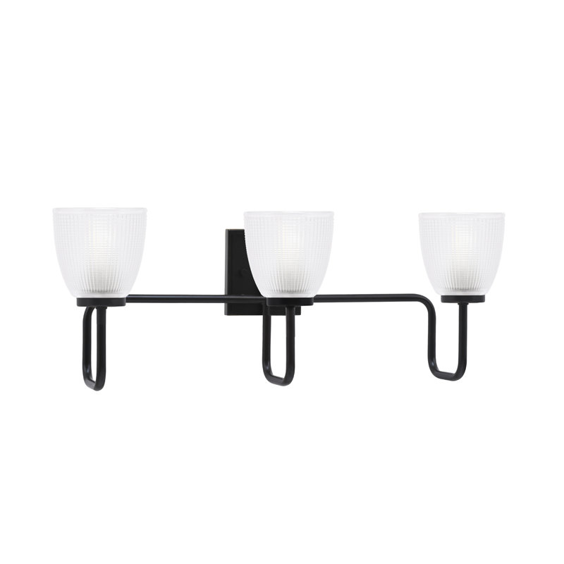 Barre d'éclairage de salle de bain 3 lumières Amarmula, finition noir mat, verre côtelé transparent de 5 po