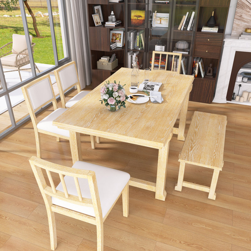 Ensemble de table de salle à manger 6 pièces pour 6 personnes, ensembles de cuisine et de salle à manger avec banc, pieds et structure en bois massif naturel, chaises ergonomiques doubles avec coussins, idéales pour la cuisine et la salle à manger