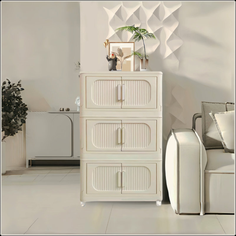 Cream White 19.69" Side Wide Folding Storage Cabinet ,3 Tiers,19.69"×11.81"×31.1",Collapsible Storage Bins With Magnetic Door, Plastic Storage Cabinet With Wheels