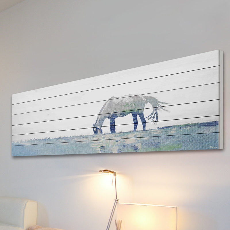 «Distant Horse Grazing», reproduction d'art sur bois blanc, H 20 po x l 60 po x P 1,5 po