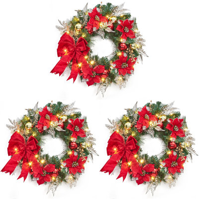 Set of 3 24" Pre-Lit Christmas Wreaths with Lights, Red and Gold Artificial Wreaths for Front Door, Double Door, Wall, Window and Holiday Decor