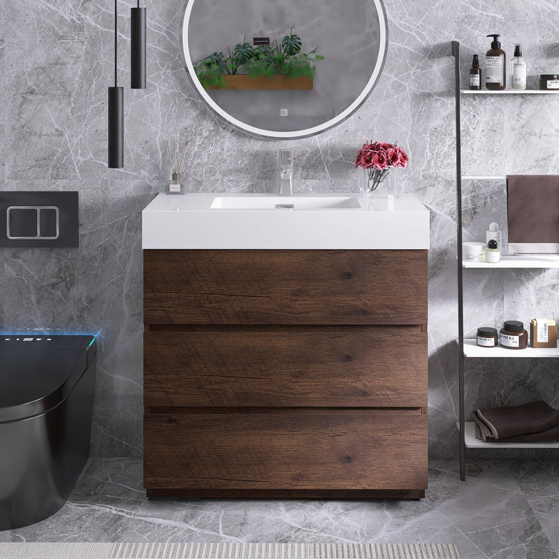 Angelinna 36" Freestanding Single Bathroom Vanity with Top, Walnut, White