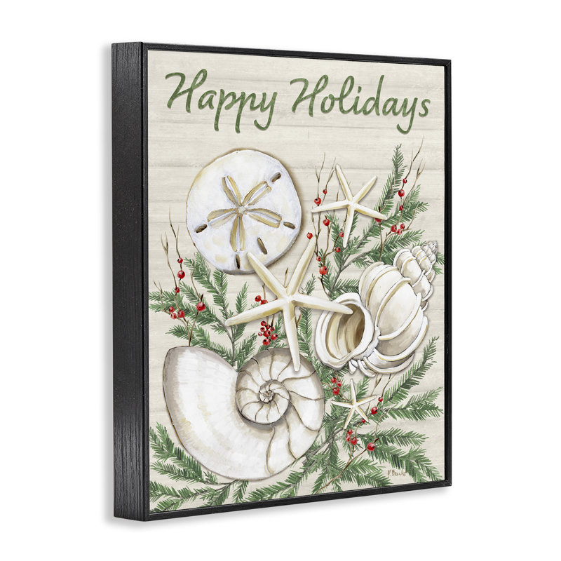  Holiday Seashells & Holly Grey Framed Giclee Art by Paul Brent, H 14 po x l 11 po, Giclée encadrée noir minuit