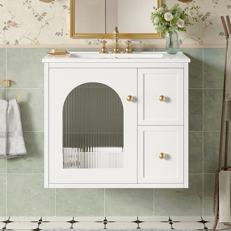 Ensemble de meuble-lavabo mural 24 po pour petit espace, armoire de salle de bain avec lavabo en céramique, 2 tiroirs et 1 porte à fermeture en douceur