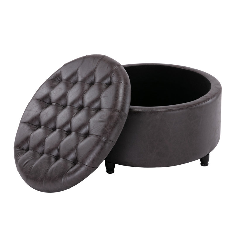 Classic 28-Inch Wide Button Tufted Round Storage Ottoman With Lift-Off Lid, Charcoal