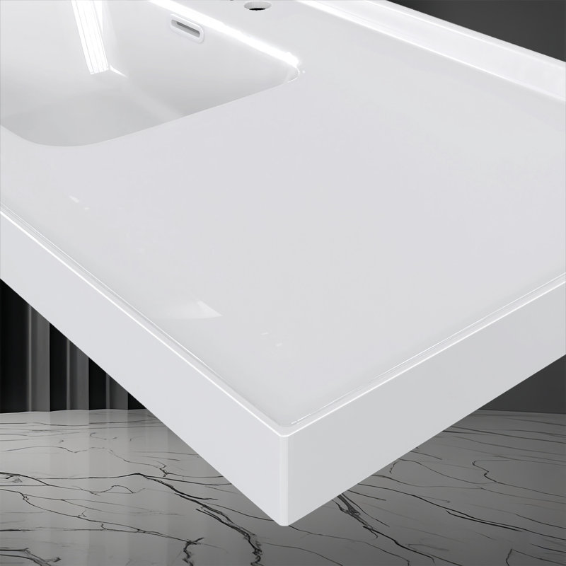 Plateau de meuble-lavabo à surface solide de 43 pouces avec lavabo intégré à gauche, comptoir épais de 3 po, rebord surélevé et dosseret de 1,38 po, imperméable et facile à installer