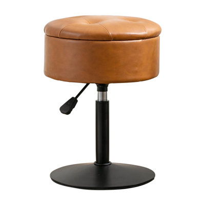 360°Swivel Vanity Stool Chair For Makeup Room, Height Adjustable Stool For Vanity With Storage, Small Whiskey Brown Faux Leather Vanity Stool