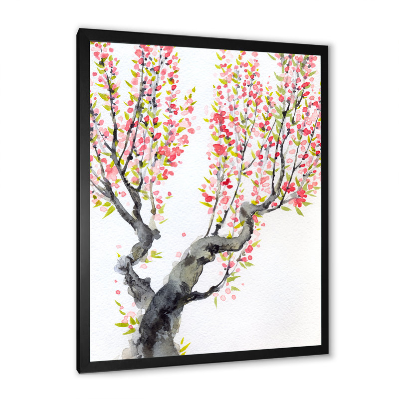 Printemps, fleurs rouges sur des branches d'arbre - Peinture sur toile encadrée, H 40 po x l 30 po x 1,5 po, Cadre noir