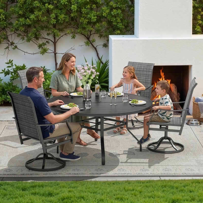 Ensemble repas d'extérieur 7 pièces avec chaises pivotantes à 360 ° et table ronde 7 pièces, Gris / Noir, 6