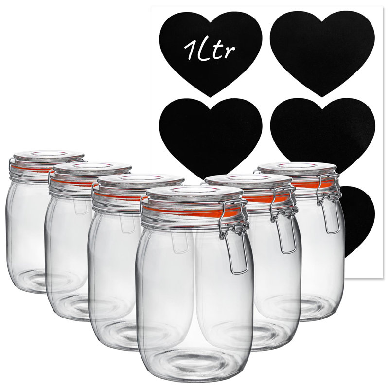 Argon Tableware - Glass Storage Jars with Heart Labels - 1 Litre - Set of 6