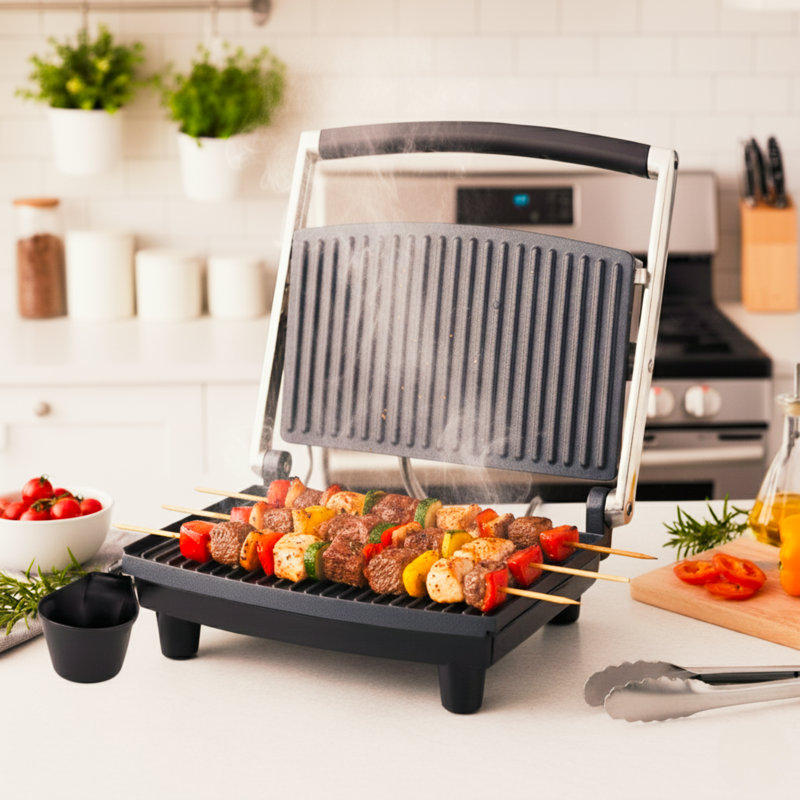 Panini Press Gourmet Grilled Cheese and Sandwich Maker - Electric Indoor Grill with Drip Tray for Healthy Cooking Options (Silver)