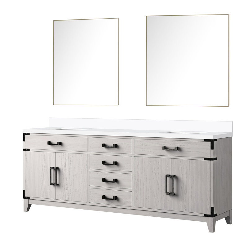 Meuble-lavabo double en chêne blanc avec comptoir en marbre de culture fine et miroirs - comptoir de 80 po x 22 po et comptoir de 36 po