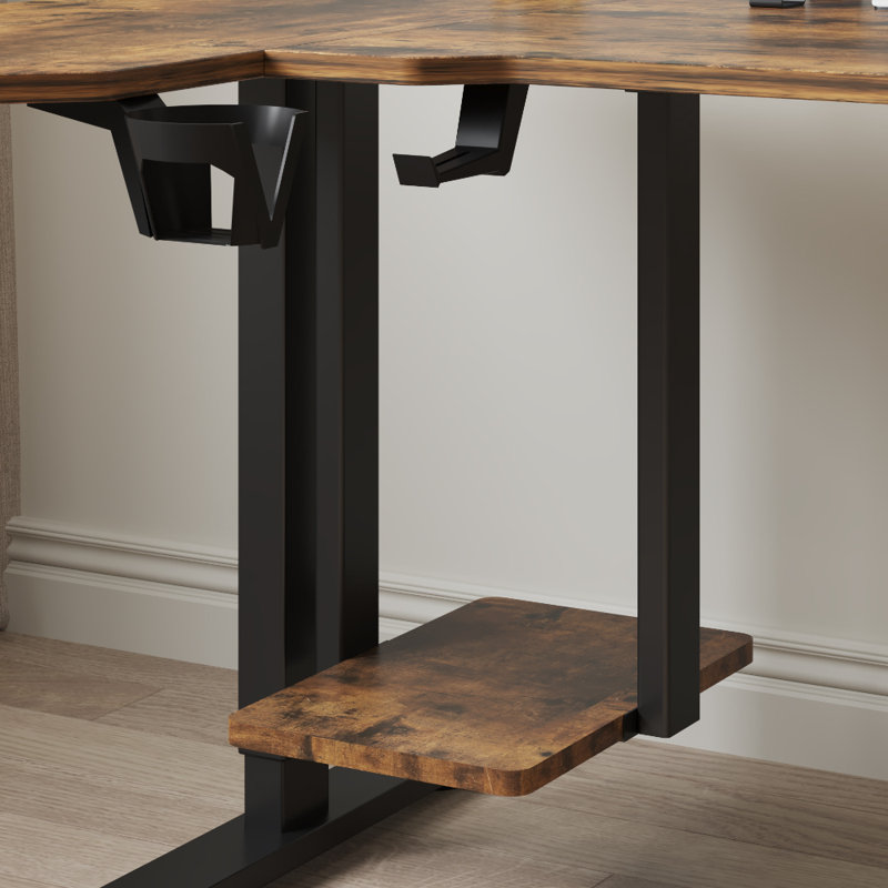 Bureau debout à hauteur réglable de 59 po en L avec tablettes, Brun / Noir