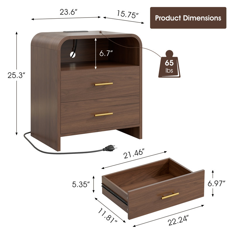 2 Drawers Nightstand Set, Mid Century Modern Bedside Table With Charging Station, 23.6'' Wide Wood End Table For Bedroom, Curved Profile Design, Walnut (Set Of 2)