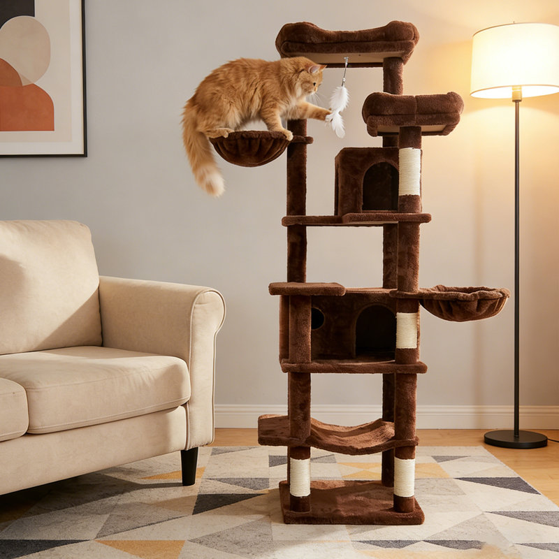 Arbre à chat de 68 po de hauteur à plusieurs niveaux avec coussin amovible et poteaux à griffer
