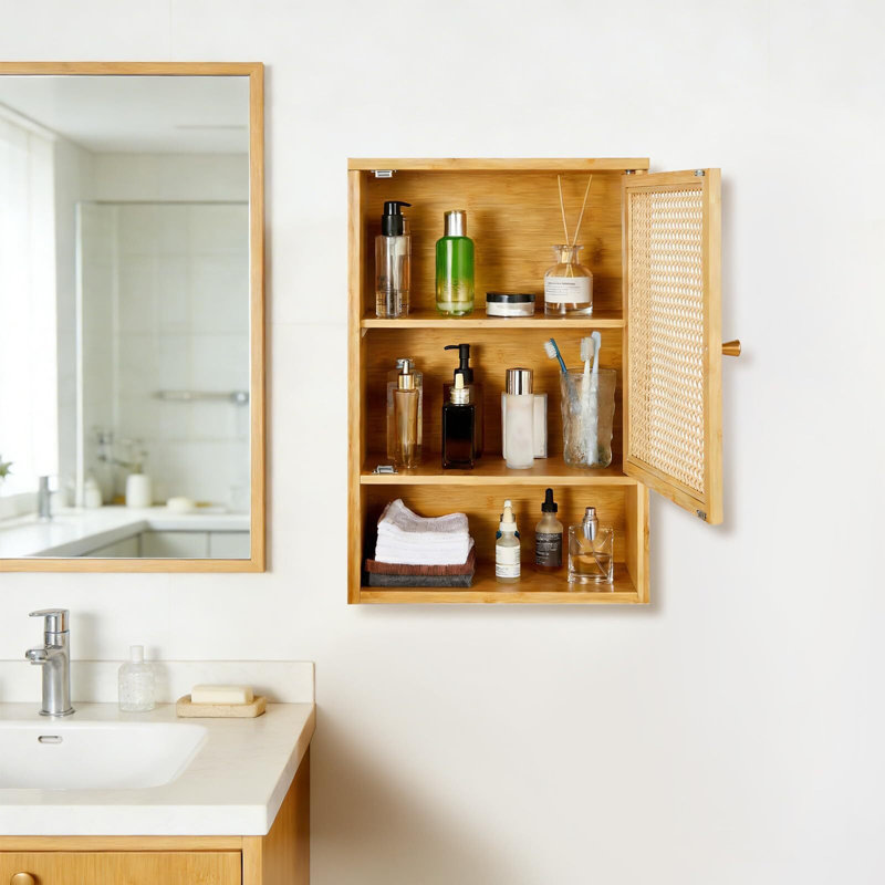 Bamboo Over-the-Toilet Bathroom Storage Cabinet with Adjustable Shelf, Open Drawer, Wall-Mounted Space-Saving Organizer