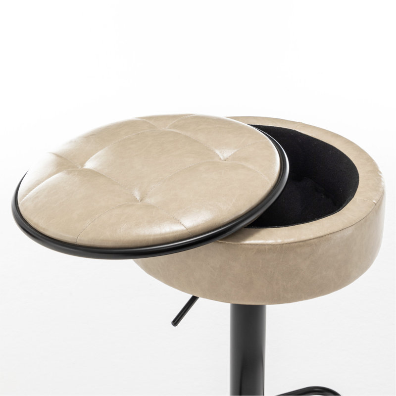 Adjustable Height Swivel Bar Stool With Hidden Storage And Linen Seat, Versatile For Various Rooms, Khaki