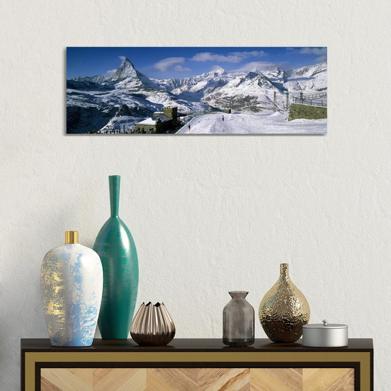 Group Of People Skiing Near A Mountain, Matterhorn, Switzerland - Wrapped Canvas Panoramic Print