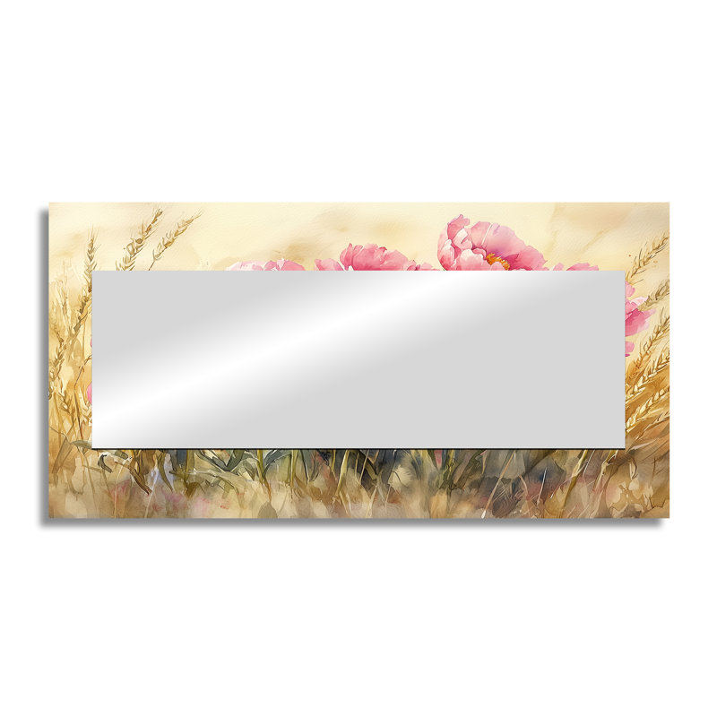 Pivoines dans le champ d'ivraie I - miroir décoratif floral - imprimé sur métal, 28 po x 55 po
