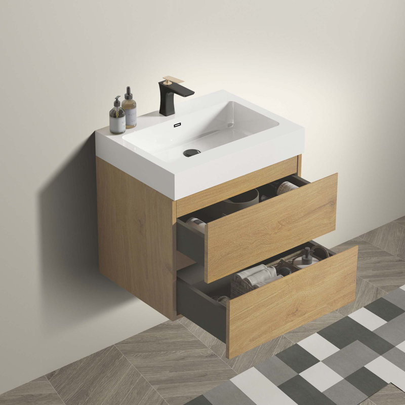 Meuble-lavabo mural moderne avec lavabo une pièce sans drain ni robinet, Blanc