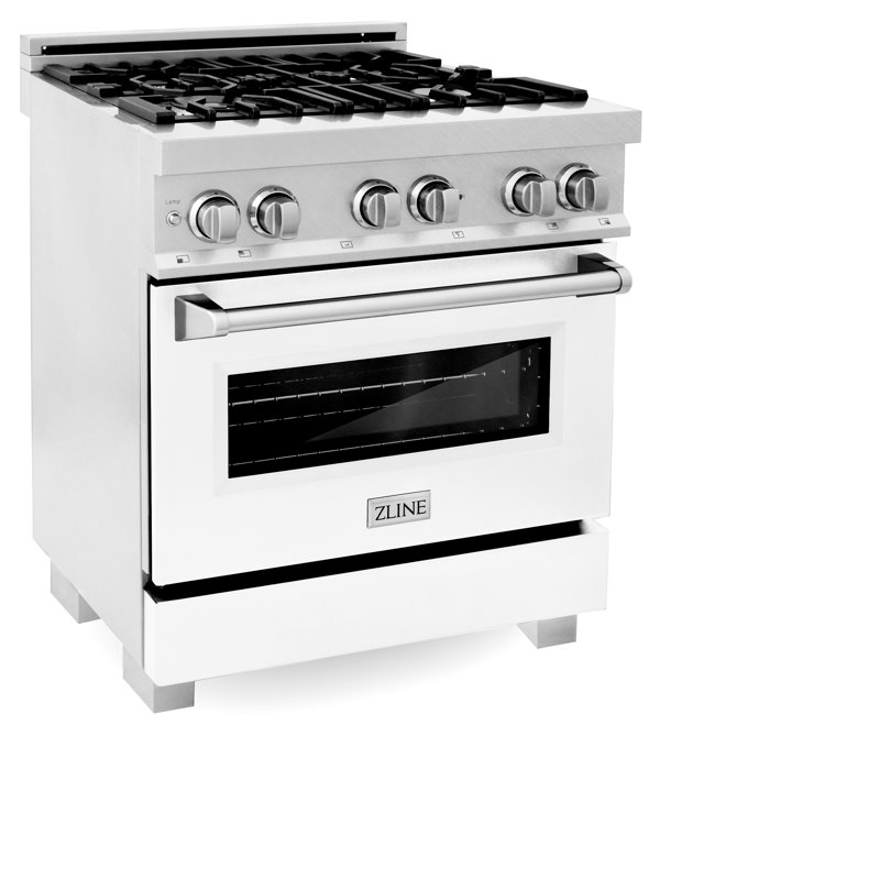 ZLINE 30 po. Cuisinière à double combustible Legacy en acier satiné avec porte et plaque chauffante blanc mat