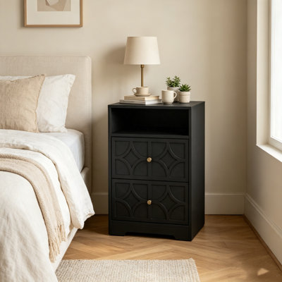 Ensemble de 2 tables de chevet en bois noir avec 2 tiroirs et station de recharge, table d'appoint sculptée en losange de 48 cm de large pour chambre ou salon
