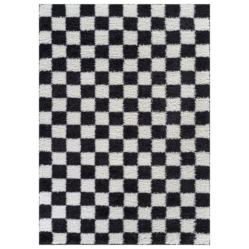 Block Pattern Shag Rug – Anthracite Dark Gray – Medium Pile, Durable & Easy To Maintain, Rectangle 5' x 7'
