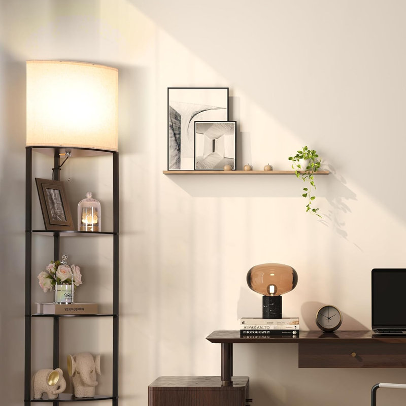 Floor Lamp With Shelves Sector Corner Shelf Lamp With 3 Colour Temperature Bulb With Linen Lampshade Bookshelf Corner Display Lamp(Black)