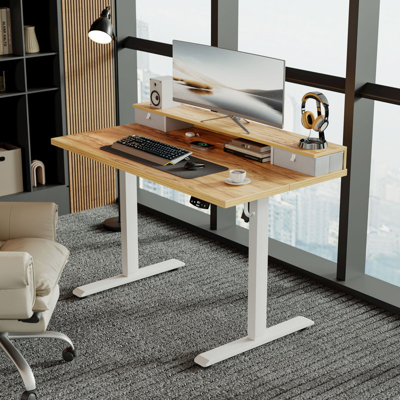 Electric Standing Desk With Drawers,Home Office Height Adjustable  Desk with Large Monitor Shelf, White/Light Rustic Brown
