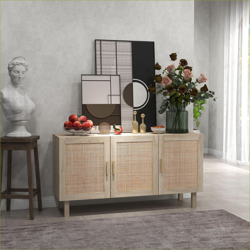 Armoire-buffet Buffet avec 3 portes réglables en rotin Boho, naturel et mixte Boho | Bohémien | Cuisine