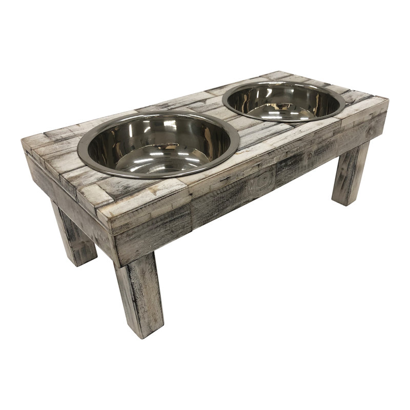 Large White Wash Reclaimed Wood Elevated Double Bowl Feeder