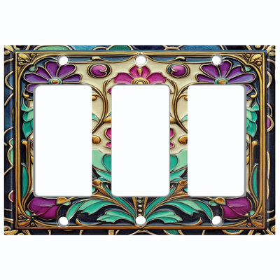Couvercle de plaque d'interrupteur en métal; Impression de bascule GFI à 3 bandes standard américain - Fleurs élégantes en verre coloré