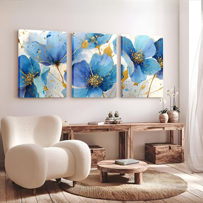 Ensemble de 3 tableaux sur toile tendue à motifs floraux bleus et dorés, H 30 po x l 60 po
