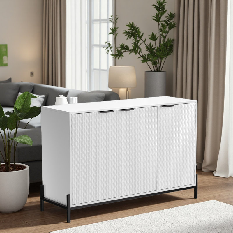 Buffet moderne à 3 portes ultrabrillantes avec pieds en métal thermolaqué, Blanc