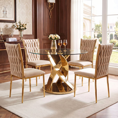 Ensemble de table de salle à manger de 47 po en verre rond pour 4 personnes, ensemble de table de cuisine en verre trempé pour 4 personnes, table de cuisine moderne avec 4 chaises rembourrées en velours, ensemble de table de salle à manger pour la cuisine, appartements