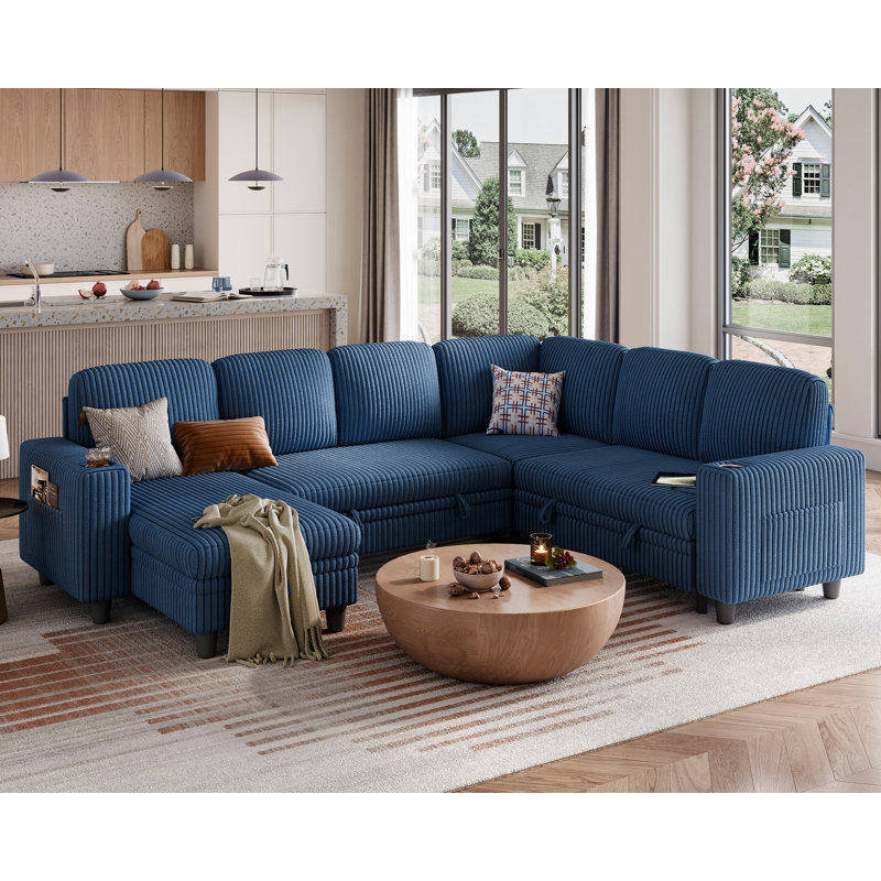 Sherry 106"  Upholstered Modular Sleeper Corner Sectional with Storage, USB Charging & Cup Holders, Soren Navy Corduroy