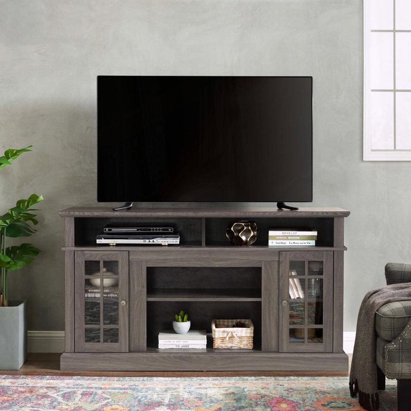 Meuble télé classique avec portes en verre pour téléviseur de 65 po ou moins, Noir / noyer foncé