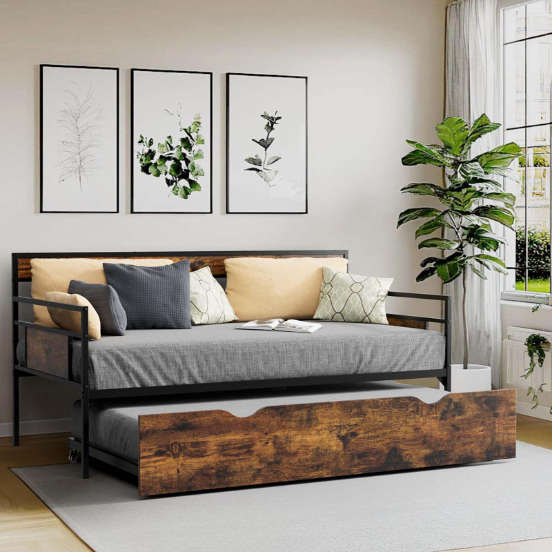 Lit de jour simple avec couchette, canapé-lit en métal rustique avec têtes de lit en bois